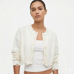 ZARA Poly Cotton Blend Shredded & Ripped Cropped Button Front Cream Cardigan M